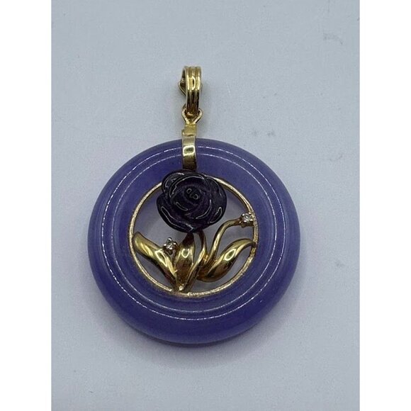 Vintage EA 14K Yellow Gold Amethyst Diamond and Lavender Jadeite Jade Pendant - Picture 2 of 9